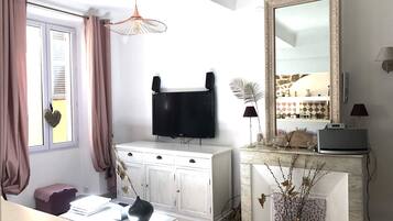 Smart-tv, eldstad, dvd-spelare och böcker