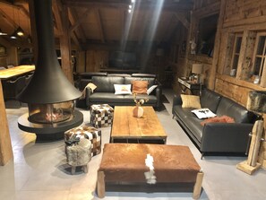 Télévision, cheminée, livres, chaîne hi-fi