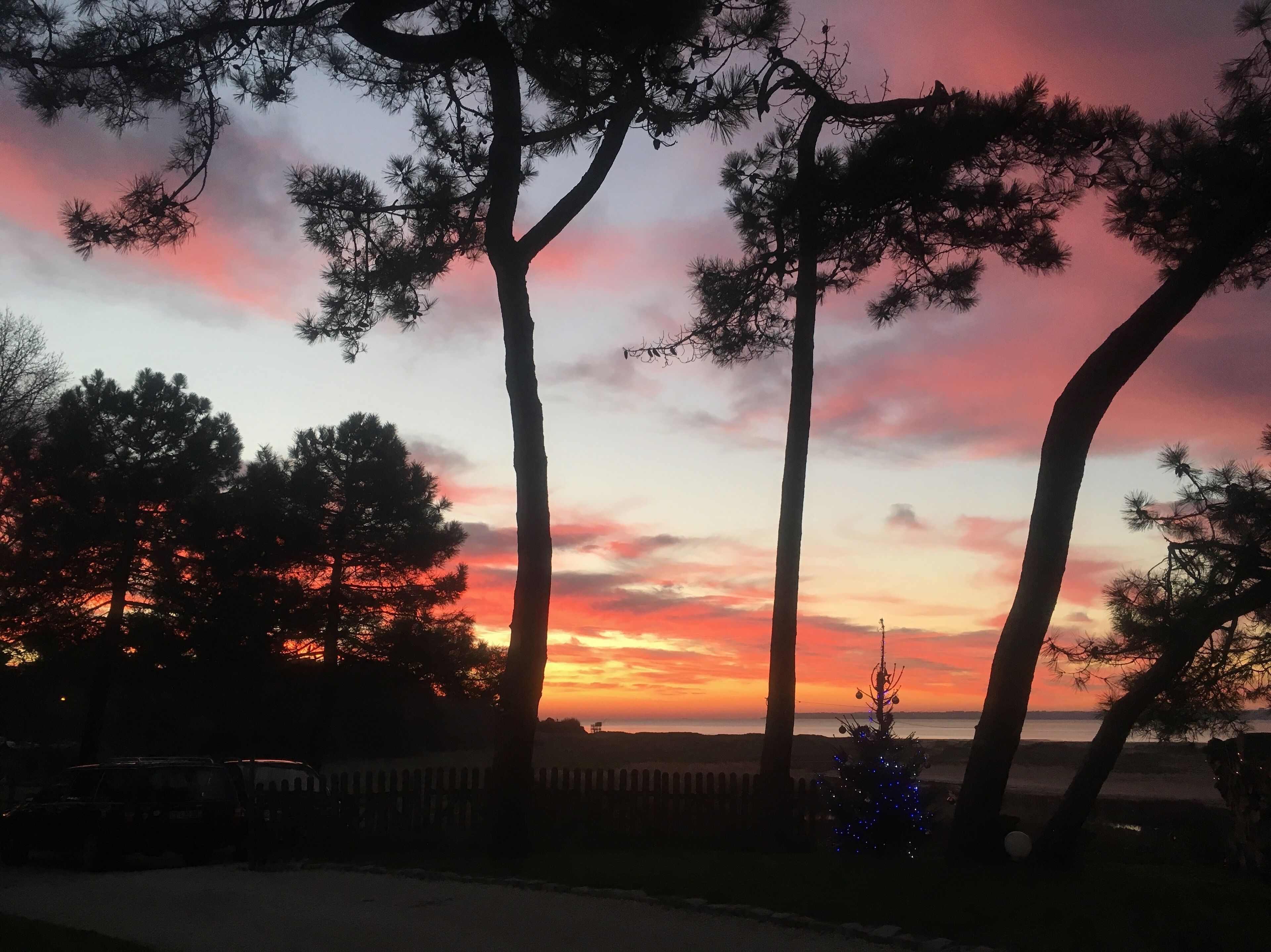 Een zonsondergang met bomen in silhouette voor een kleurrijke lucht.