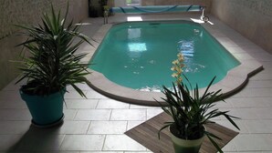 Une piscine intérieure avec un sol carrelé, entourée de murs et agrémentée de plantes en pot.