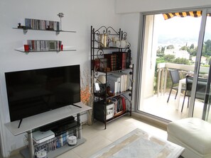 Télévision, lecteur de DVD, livres, médiathèque