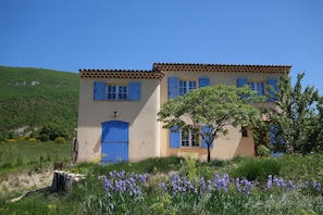 Traditional building with a flat roof and lush surroundings.