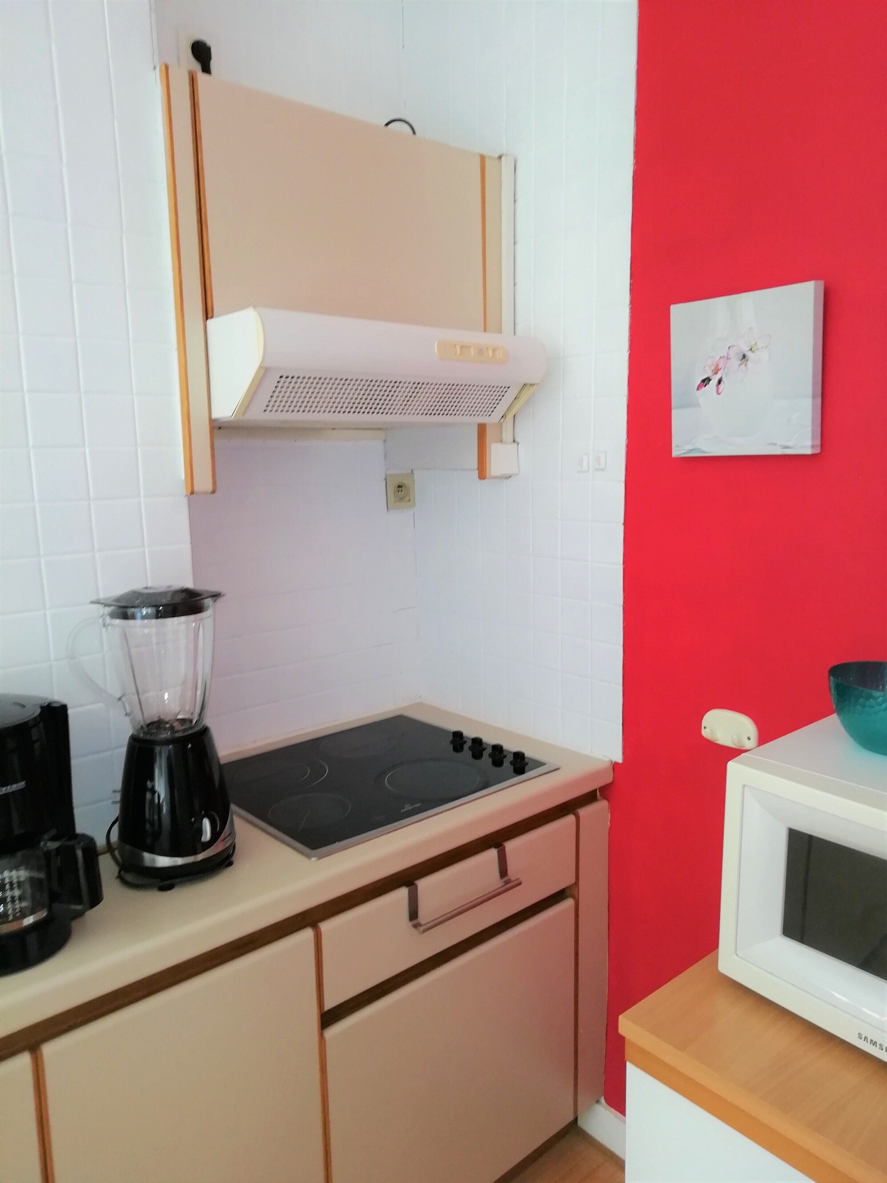 A compact kitchen with a stove, a blender, a microwave, and a sink.