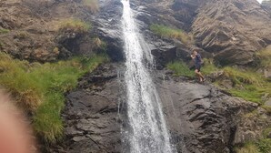 Una cascada fluye por un risco rocoso rodeado de hierba.