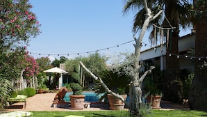 Un jardin avec une piscine, des chaises longues et des plantes en pot.
