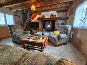TV, fireplace, DVD player, books - Gîte rural des Gravets, shared pool (Sigalens)