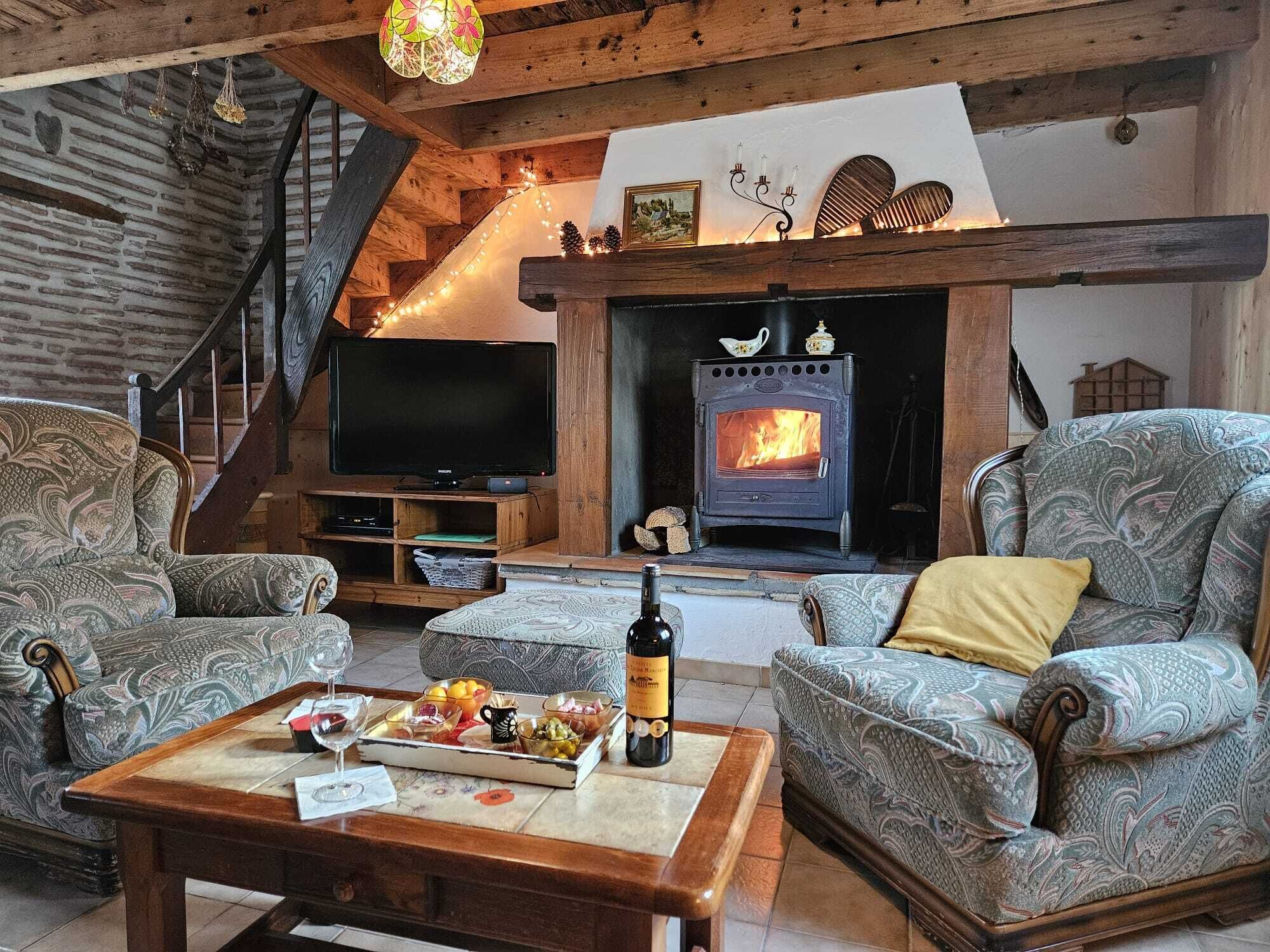 Televisión, chimenea, reproductor de DVD, libros