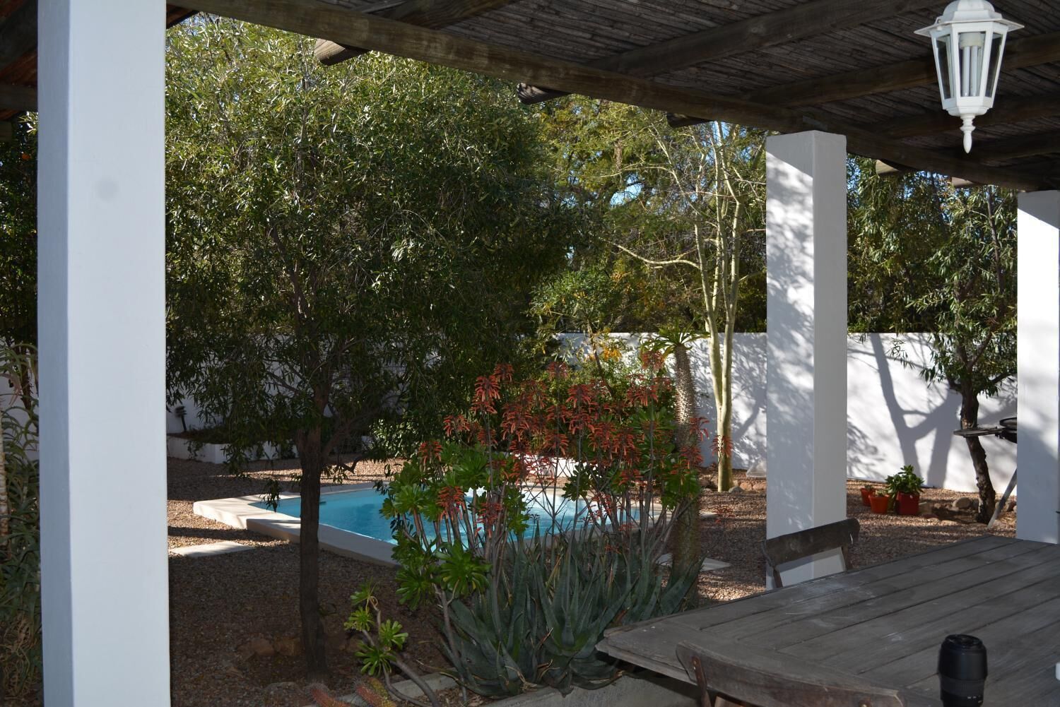 A covered outdoor area with a pool, surrounded by trees and potted plants.