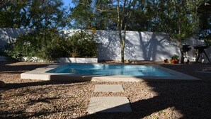 Una piscina rettangolare con bordo in cemento, circondata da ghiaia e alberi.