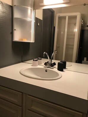 A bathroom with a white sink, a mirror, and a shower.
