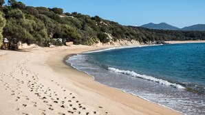 A sandy beach with footprints leading to the water, a clear sky, and a forested hillside in the background. - Magnificent villa of 260m2 air-conditioned sea view heated swimming pool and beach on foot (Olmeto)