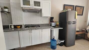 Une cuisine de taille réduite, avec des meubles blancs, une cuisinière à gaz, un four à micro-ondes et un réfrigérateur.