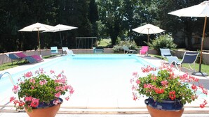 A swimming pool with lounge chairs and umbrellas. - La Treille du Mas Vacation Rental—3-Star Rating (Arles)
