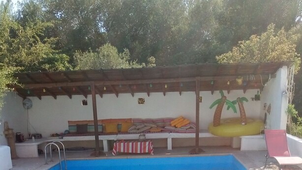 A swimming pool with a floating ring, a covered seating area, and a mural on the wall.
