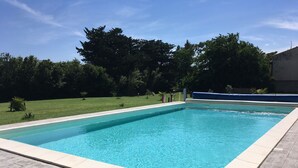 Piscina retangular com deck ladrilhado, rodeada por gramado e árvores.
