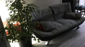 A modern living room with a grey sofa, a potted plant, and a wooden floor. - Charming house, enclosed garden facing south, sheltered from the wind! (Arzon)