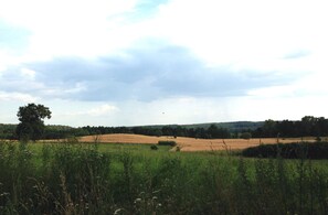 A rural landscape with fields, a tree, and a cloudy sky. - Cosy farmhouse in the masurian countryside (Skowrony)