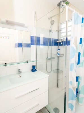 Douche, séchoir à cheveux, serviettes fournies, papier de toilette