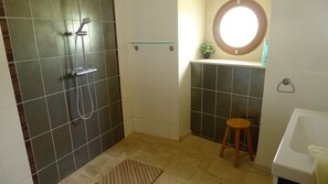 Hair dryer, towels, soap, toilet paper