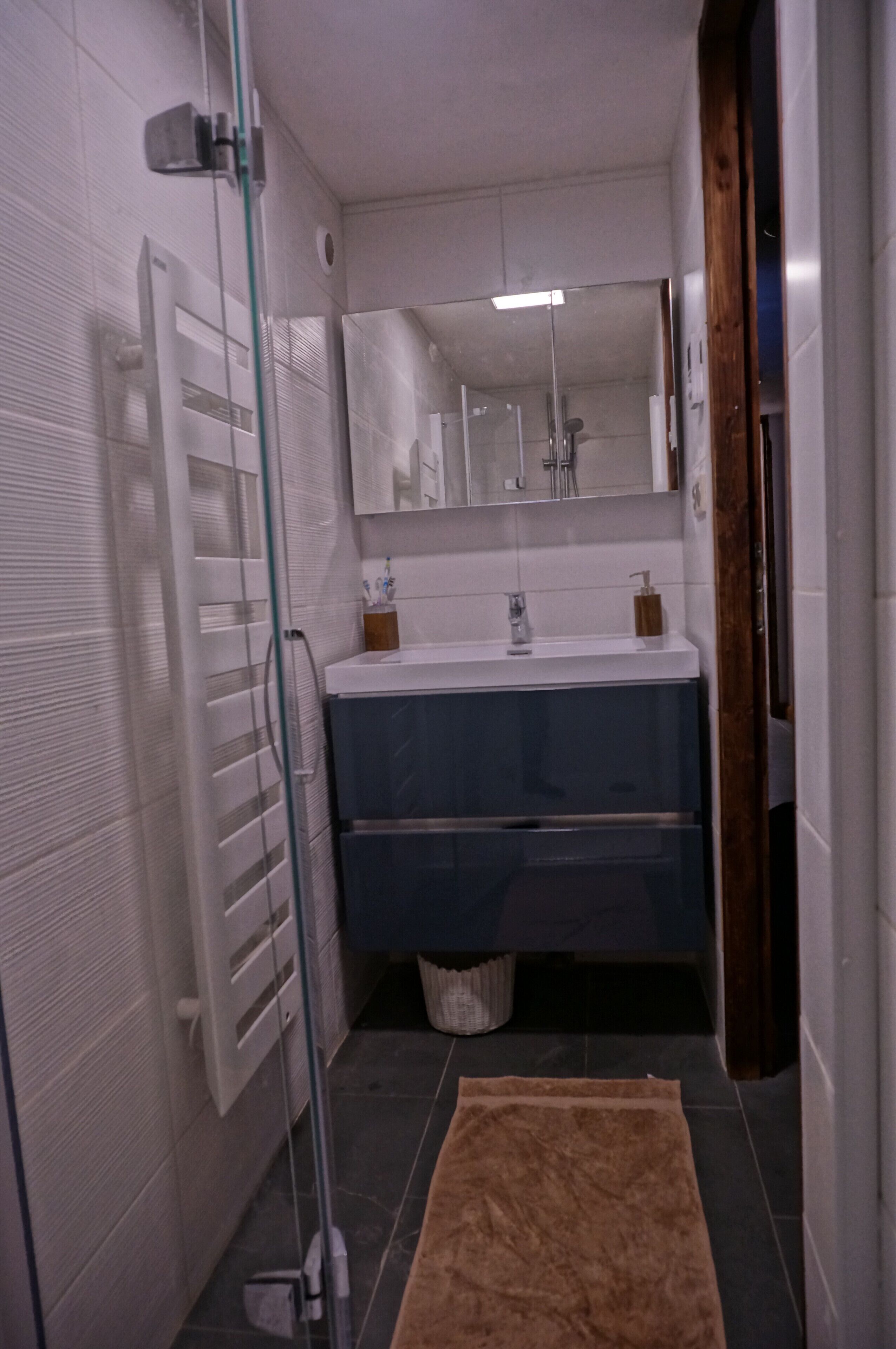 Une salle de bain dotée d’une douche à paroi de verre, d’un meuble-lavabo à deux vasques et d’un miroir au-dessus du lavabo.