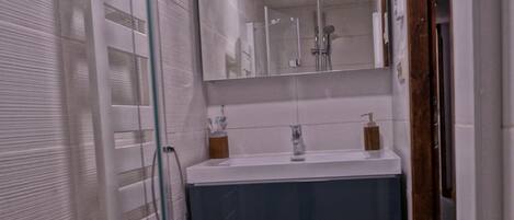 Une salle de bain dotée d’une douche à paroi de verre, d’un meuble-lavabo à deux vasques et d’un miroir au-dessus du lavabo.