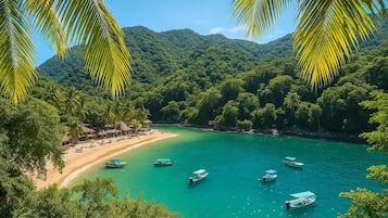 On the beach, sun-loungers, beach towels