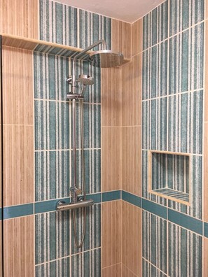 Hair dryer, towels, shampoo, toilet paper