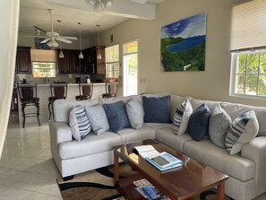 TV, DVD player, books, stereo