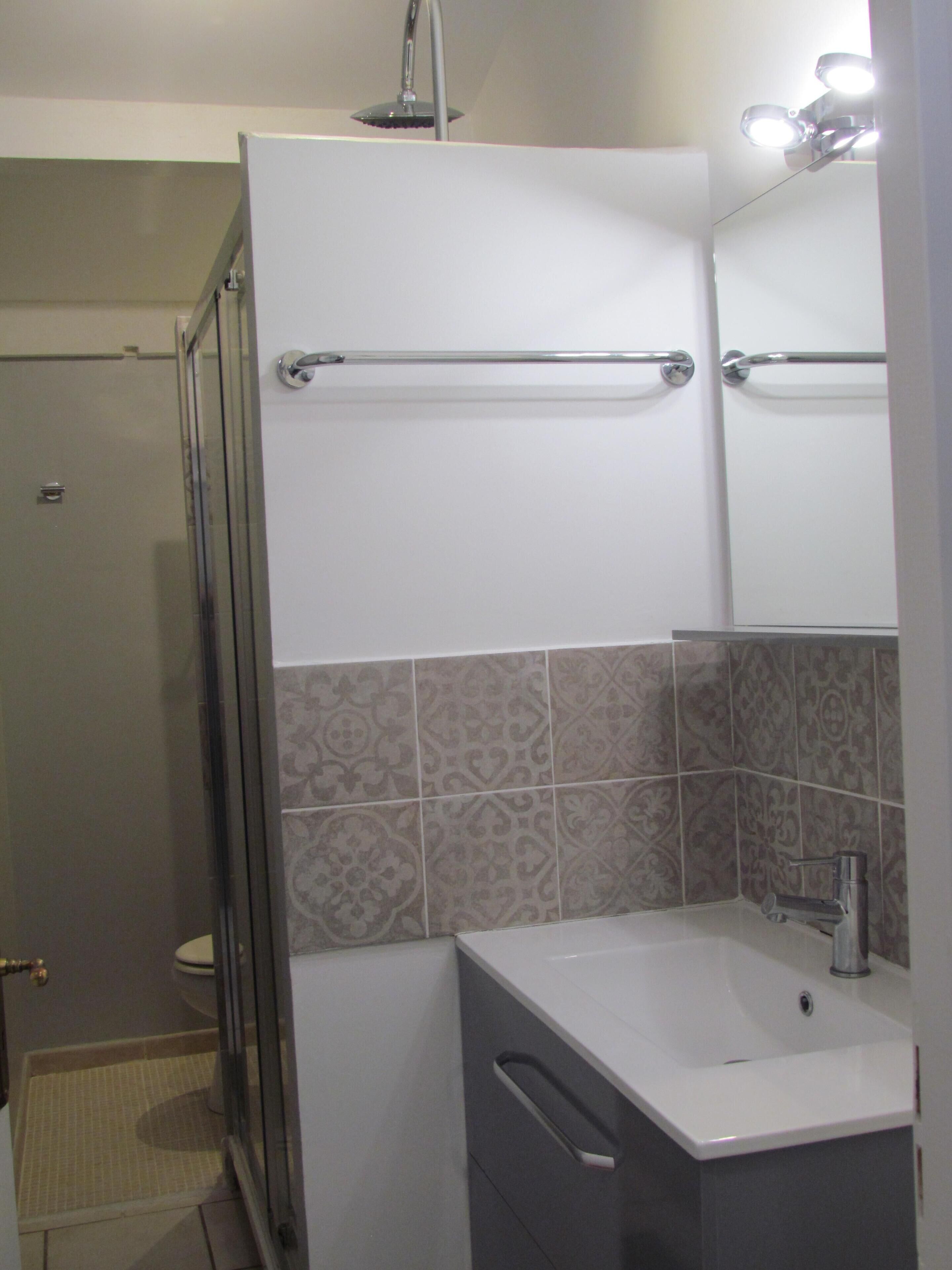 Une salle de bain avec douche, toilettes et lavabo.