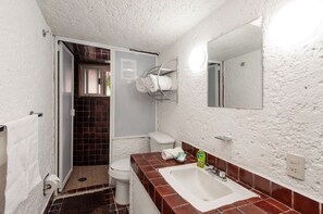 Hair dryer, towels, soap, shampoo