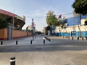 Ampia strada con dissuasori, una statua e un edificio blu con un numero.