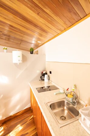 Fridge, microwave, stovetop, coffee/tea maker