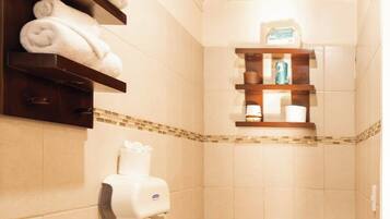 Ducha, secador de pelo, toallas y jabón