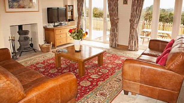 A cozy living room with a fireplace, leather sofas, a coffee table, and a large window with curtains. - Secluded, family and pet friendly - close to Peppa Pig World and the New Forest (ROMSEY)