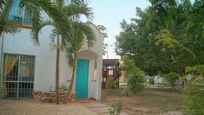 A white building with a turquoise door, a stone wall, and a palm tree in the foreground. - Comfort close to Xcalacoco beach (Playa del Carmen)