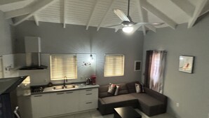 Un espacio habitable compacto con kitchenette, un sofá y un ventilador de techo.