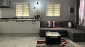 Una sala de estar moderna con área de cocina, que incluye un sofá, una mesa de centro y un mueble para televisión.