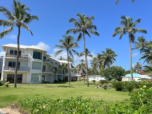 Ein mehrstöckiges Hotel mit Balkonen, umgeben von Palmen und Grünpflanzen.
