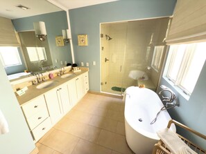 Hair dryer, towels, soap, shampoo