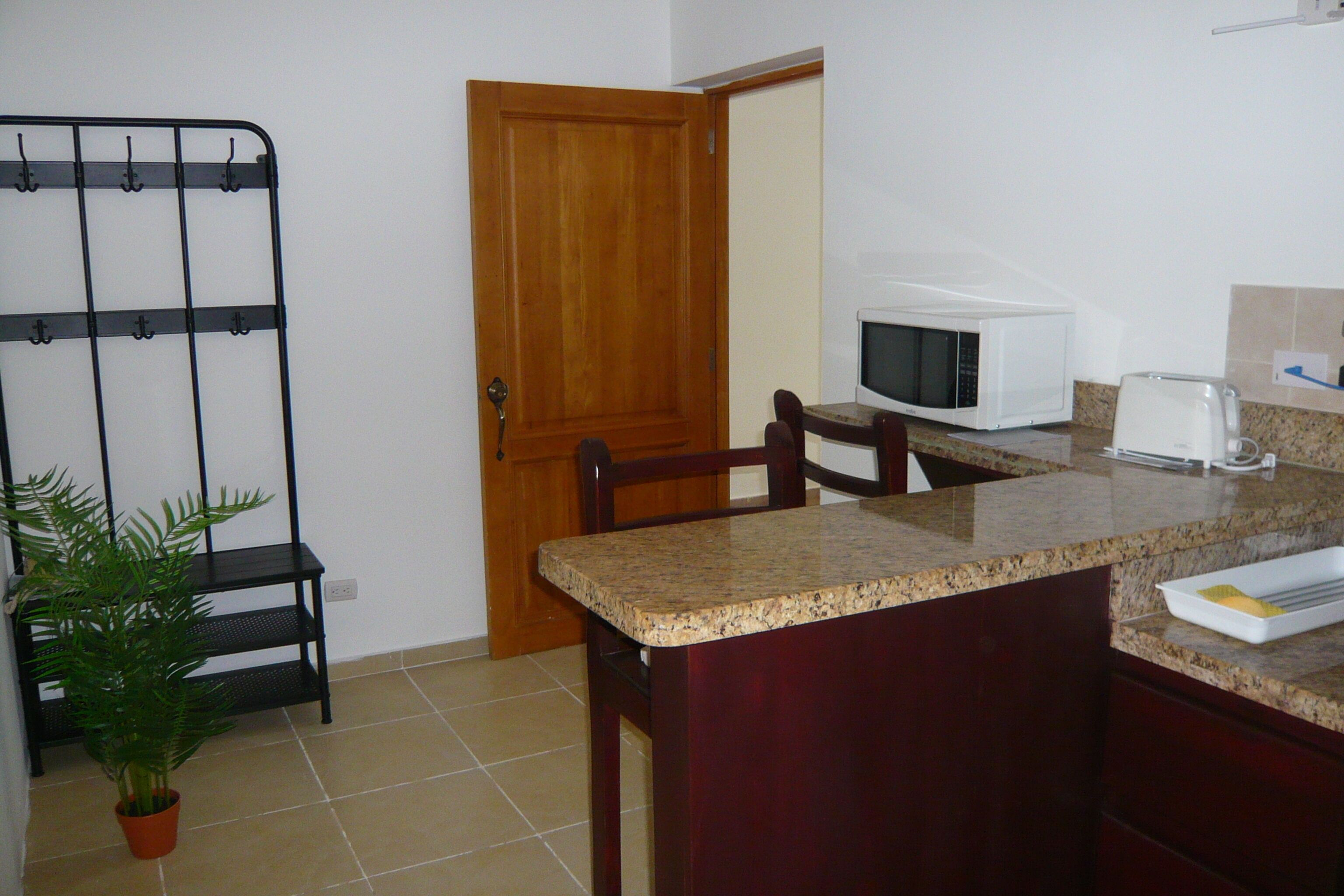 A compact kitchen with a microwave, toaster, and a potted plant.