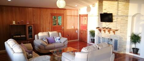 Flat-screen TV, fireplace, books