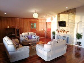 Télévision à écran plat, cheminée, livres