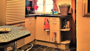 A compact kitchen with a microwave, stove, and a small sink. There are checkered curtains on the window and a tiled floor. - CHALET AU SWISS style (Zürich)