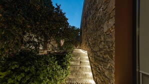 Un camí de pedra estret, flanquejat per vegetació i una paret de pedra, que condueix a l'entrada d'un edifici.