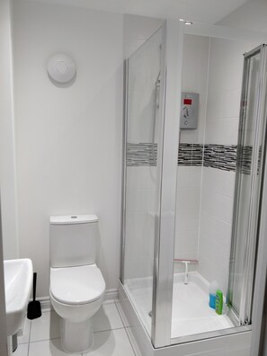 Combined shower/tub, hair dryer, towels, soap