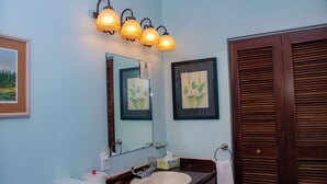 A bathroom with a sink, mirror, framed botanical prints, and a wooden door. - Cozy Two Twin Bed Suite (Orchid Bay)
