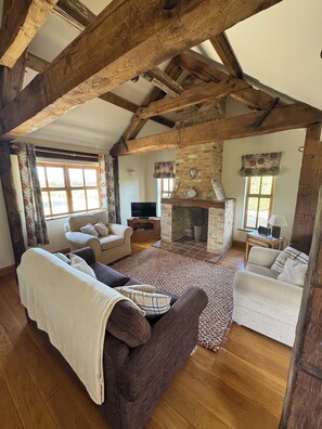 TV, fireplace, books, stereo