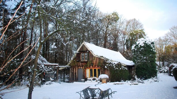 Una cabaña rústica con techo nevado, rodeada de árboles y suelo cubierto de nieve.
