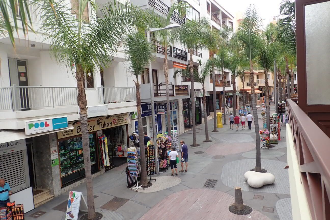 Calle peatonal bordeada de palmeras y diversas tiendas, entre ellas una tienda de piscinas y una farmacia.