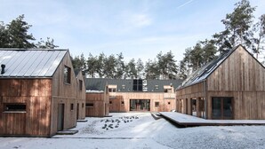 A modern wooden cabin complex with multiple buildings, a central open area, and surrounding trees.